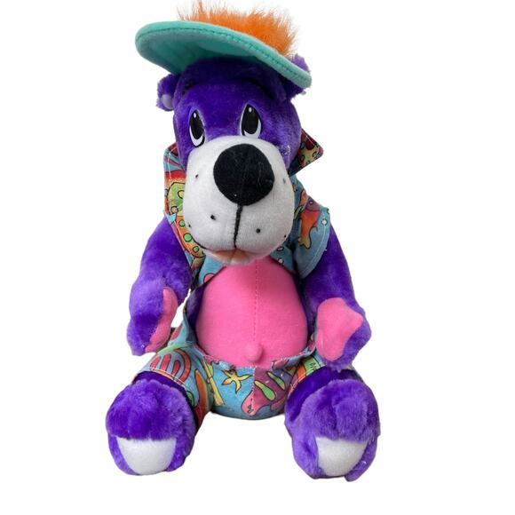 Vintage Plush Purple Dog in Hawaiian Outfit Stuffed Animal Bright Color Hat - Picture 1 of 10